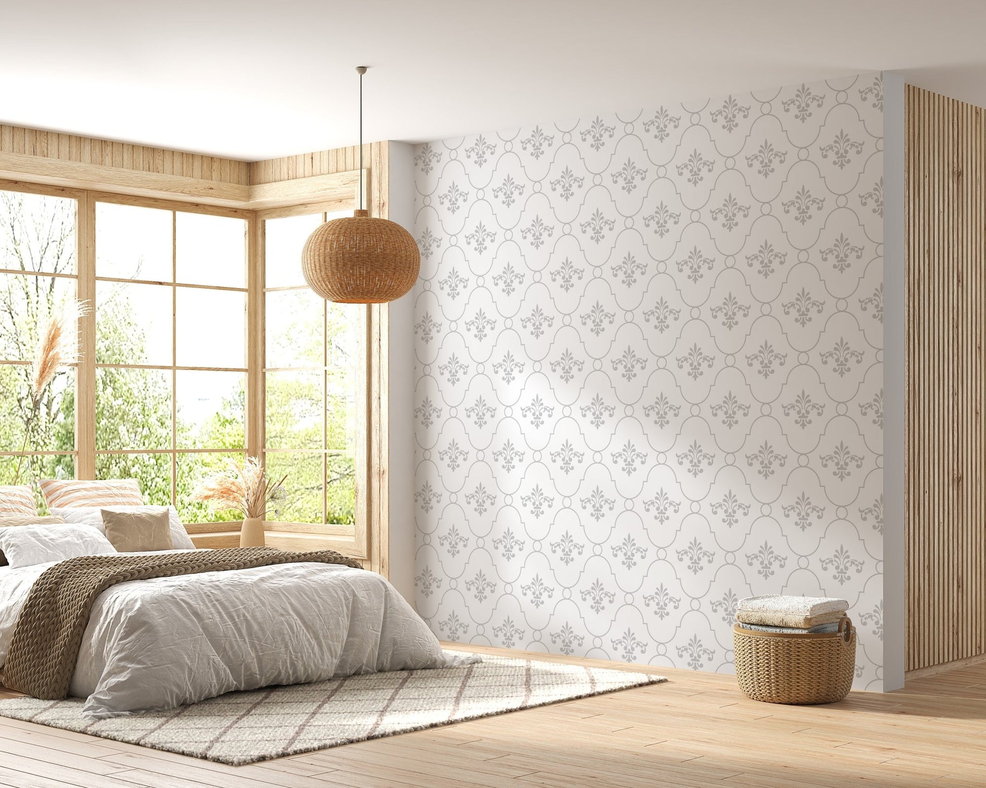 White and grey color vintage look damask wallpaper in a bedroom with large windows.