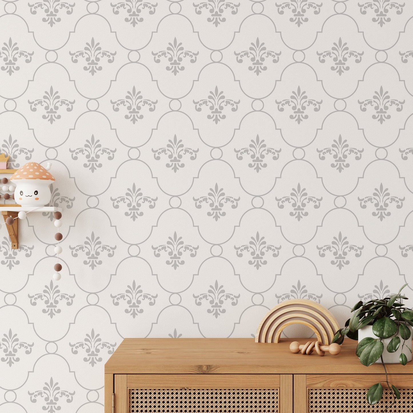 Vintage pattern wallpaper on a feature wall behind a wooden storage cabinet.
