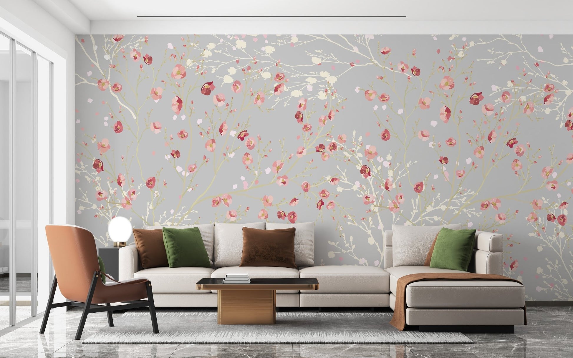 White and Red Flower wall Mural in living room.
