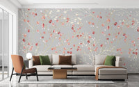 White and Red Flower wall Mural in living room.
