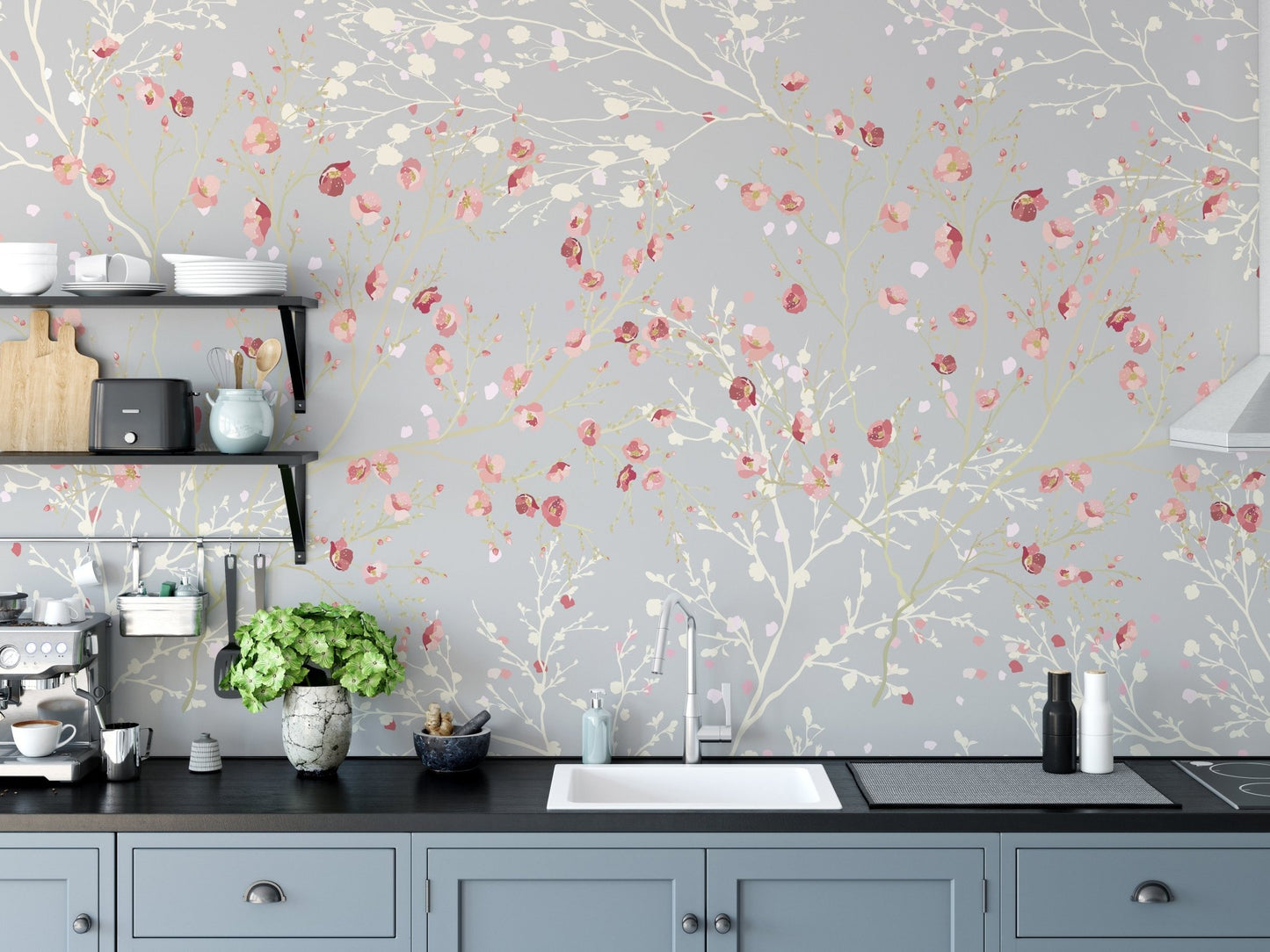 Modern kitchen with grey and red flower wall mural.