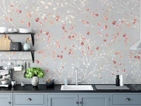 Modern kitchen with grey and red flower wall mural.