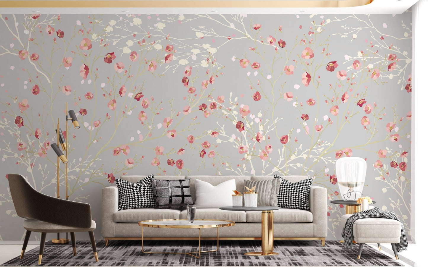 Large white and red flower wall mural in open plan living room.