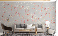 Large white and red flower wall mural in open plan living room.