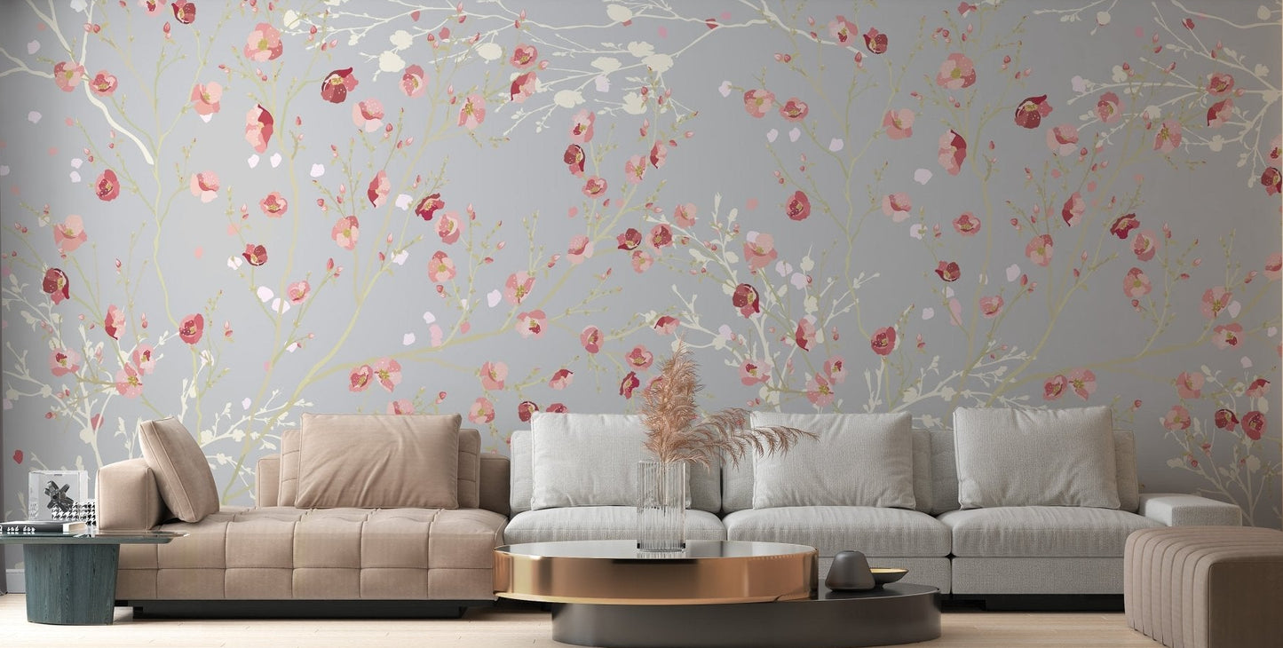 Flower pattern wall mural in large sunlit living room.