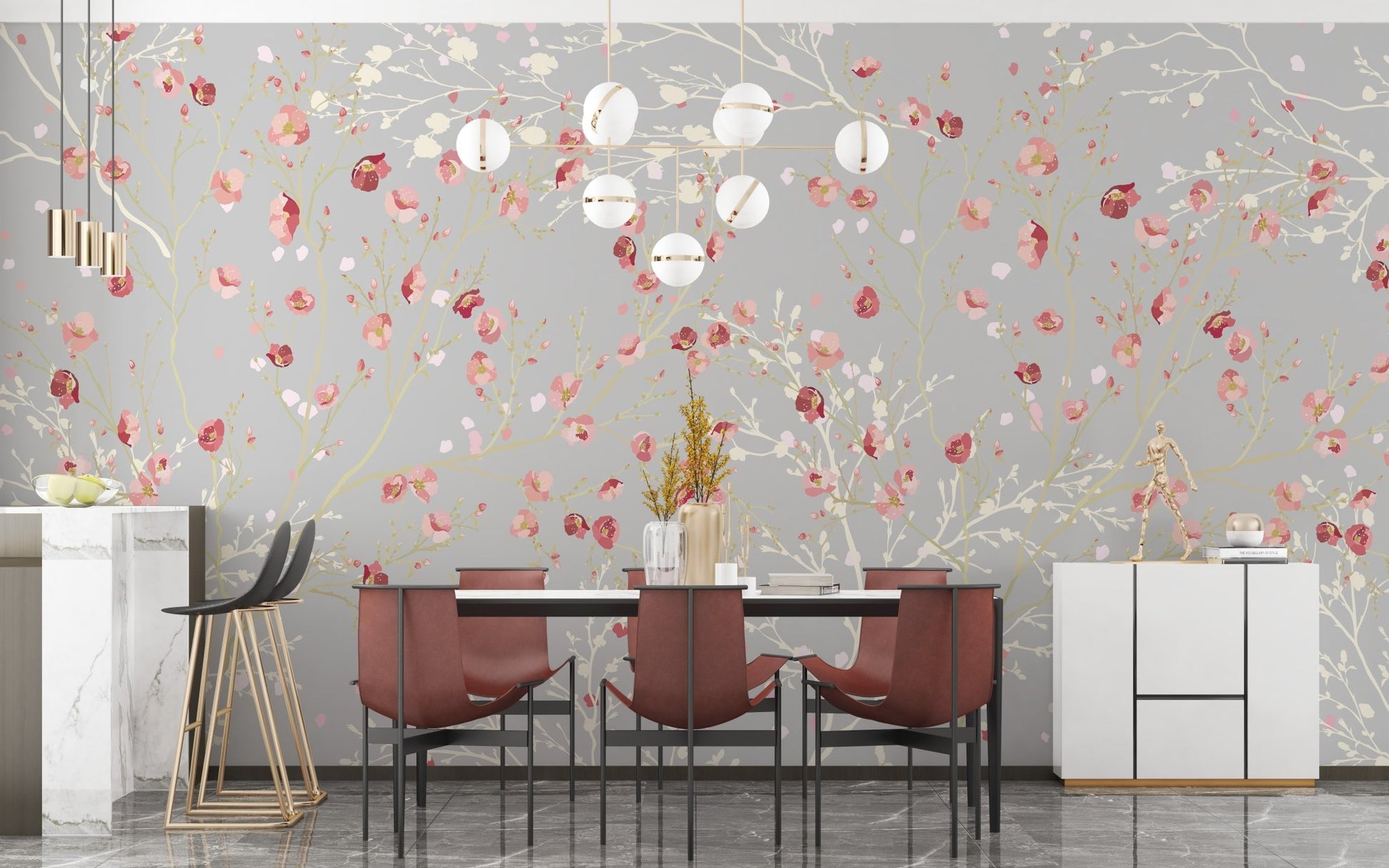 Red and white flower wall mural in minimal dining space.