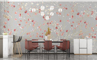 Red and white flower wall mural in minimal dining space.