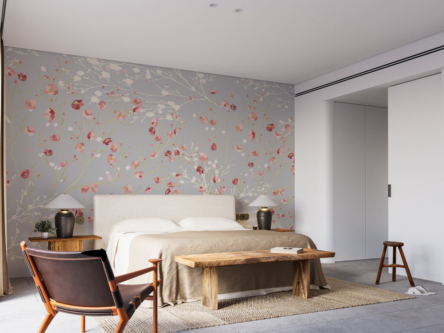 Floral wall mural showing red and white flowers in modern bedroom