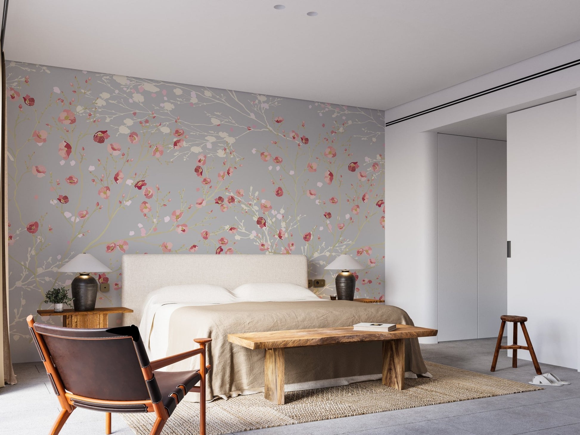Floral wall mural showing red and white flowers in modern bedroom