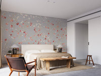 Floral wall mural showing red and white flowers in modern bedroom