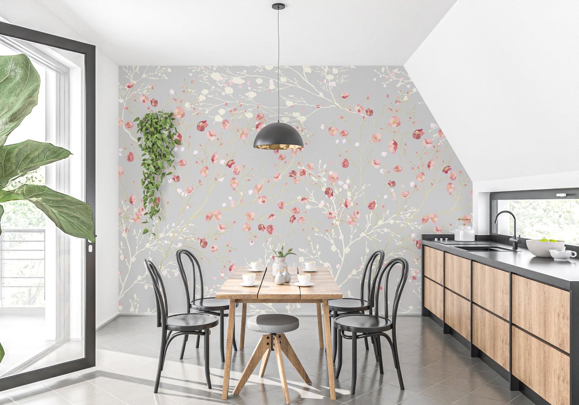 Kitchen wall mural featuring red and white floral branches