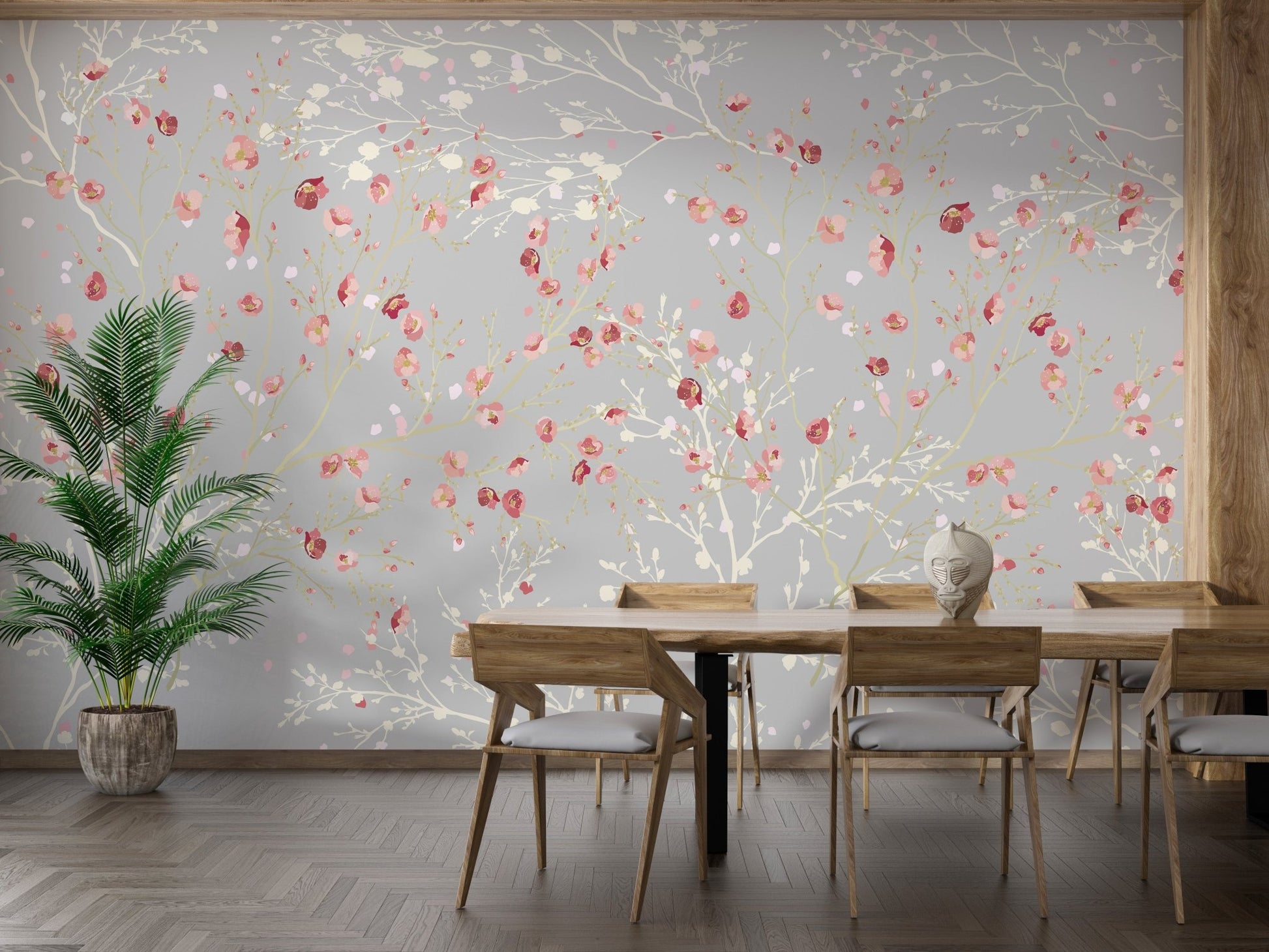 Grey wall mural with red flowers in modern dining room.
