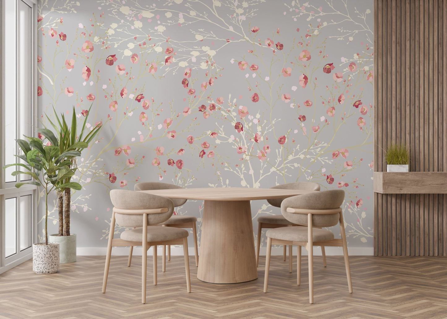 White and Red Flower wall Mural in contemporary dining area.