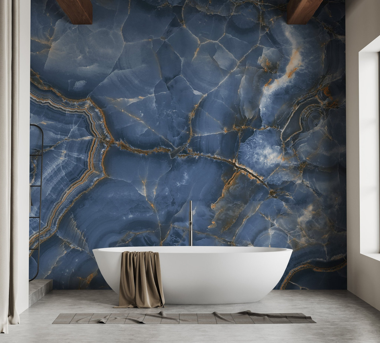 Minimalist bathroom with blue onyx wall mural and white freestanding tub.