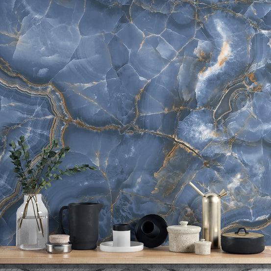 Elegant white-blue onyx marble wall mural for kitchen interiors