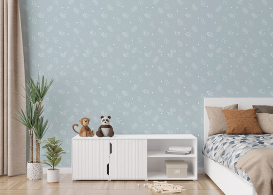 White Christmas Spruces Wallpaper in a minimalist kids' bedroom with white sideboard.