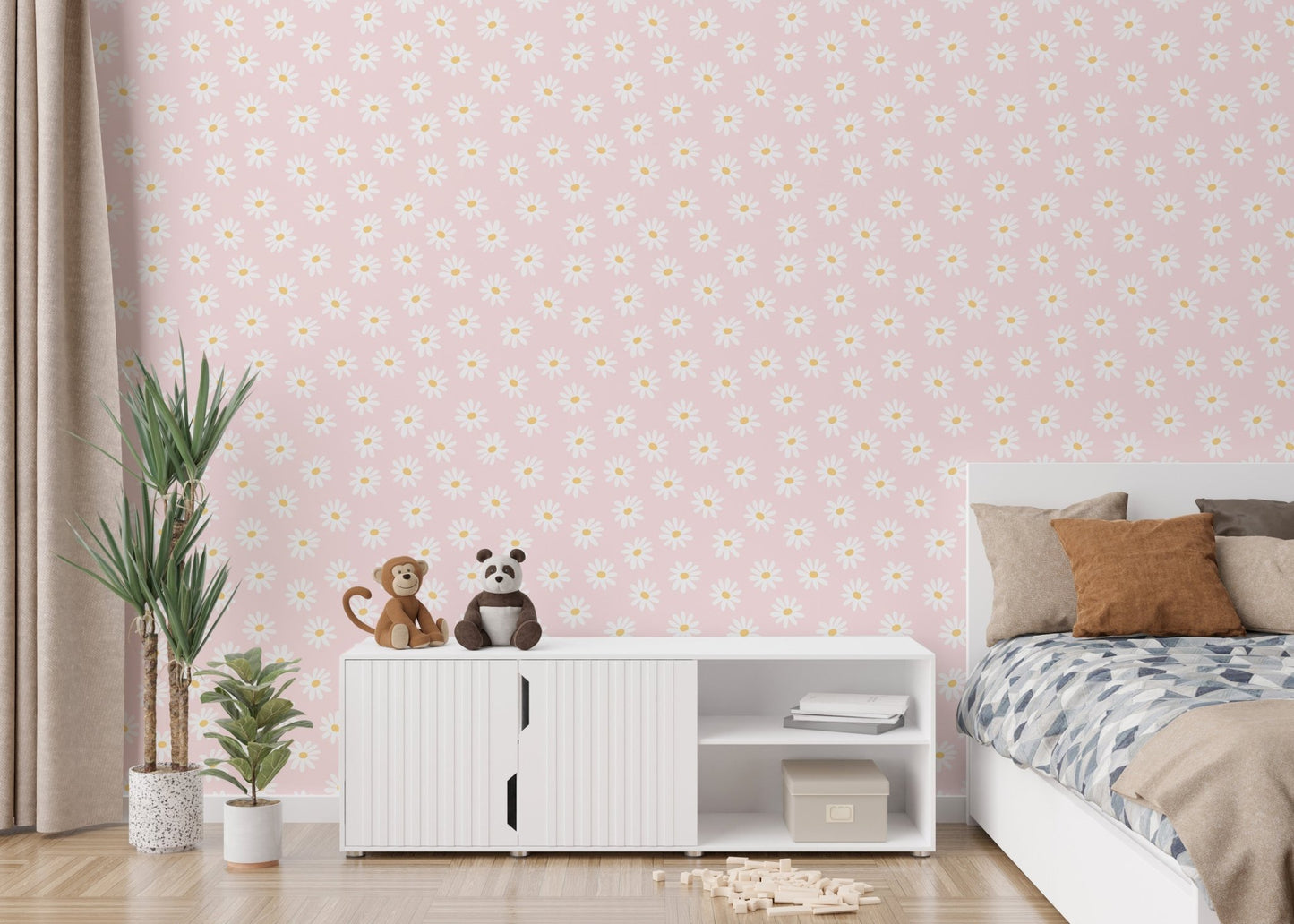 Kids bedroom setting with white cosmos flower pink background wallpaper and a crib.