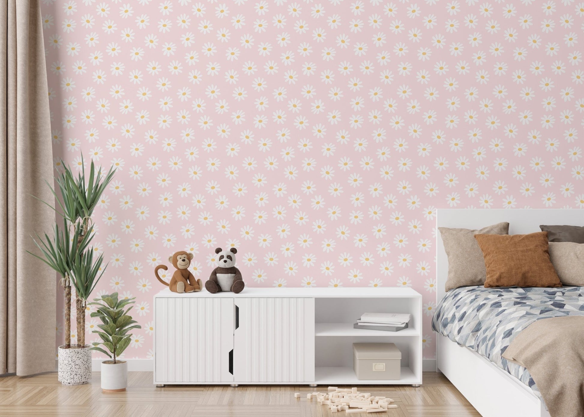 Kids bedroom setting with white cosmos flower pink background wallpaper and a crib.