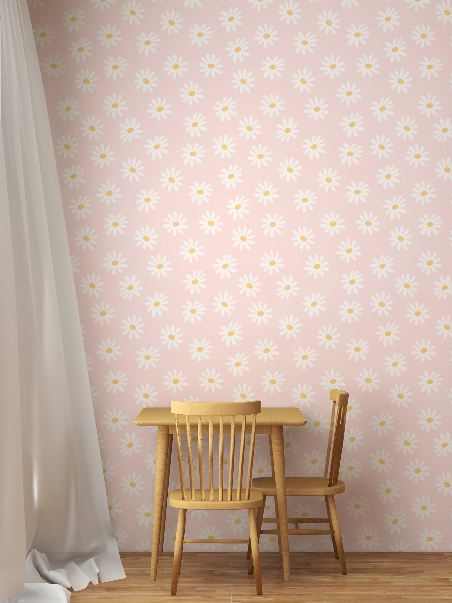 Pink wallpaper with white flowers behind a wooden dining table and chairs in dining area.