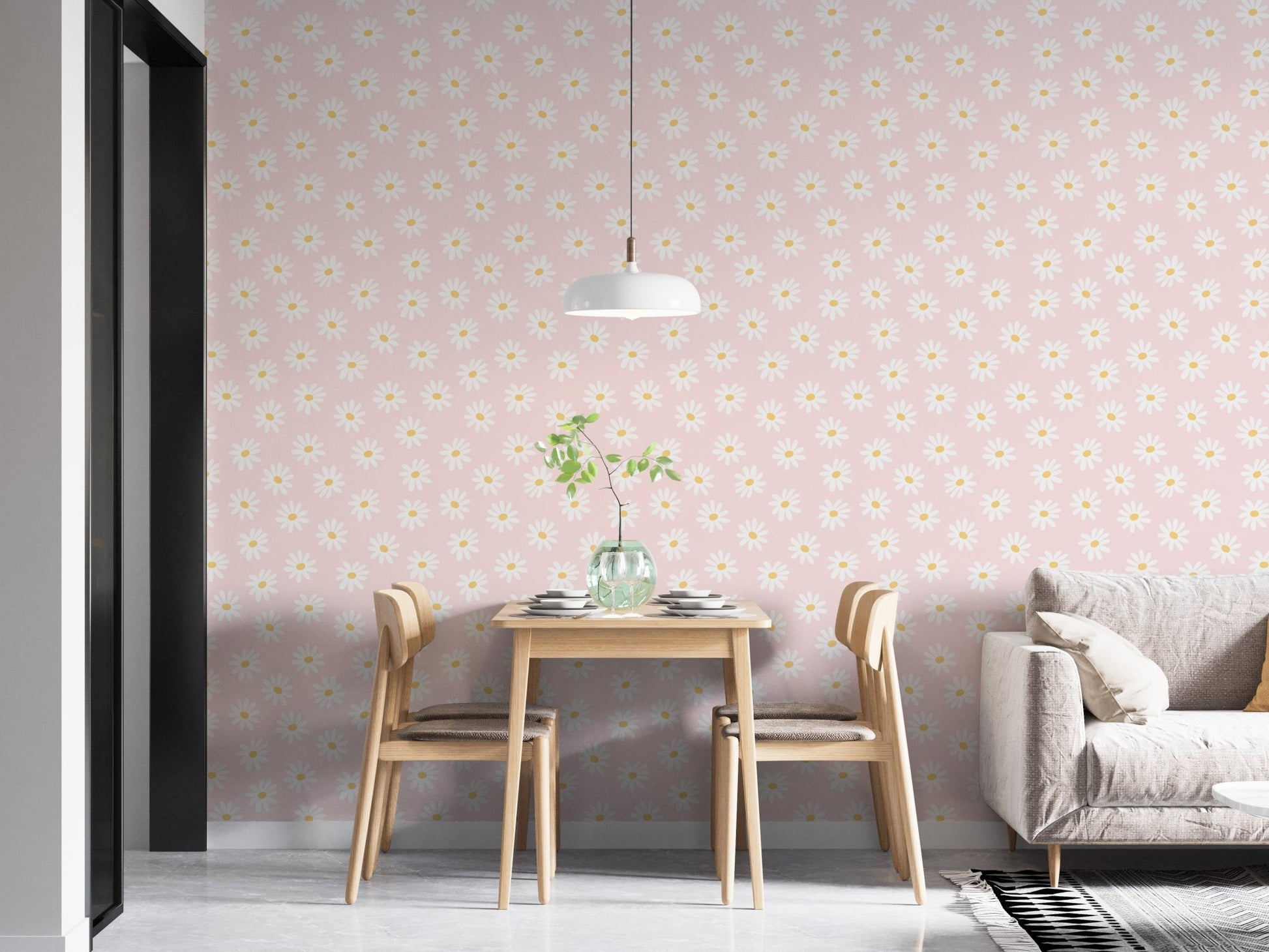 Minimalist dining area featuring flower wallpaper and a hanging pendant light.