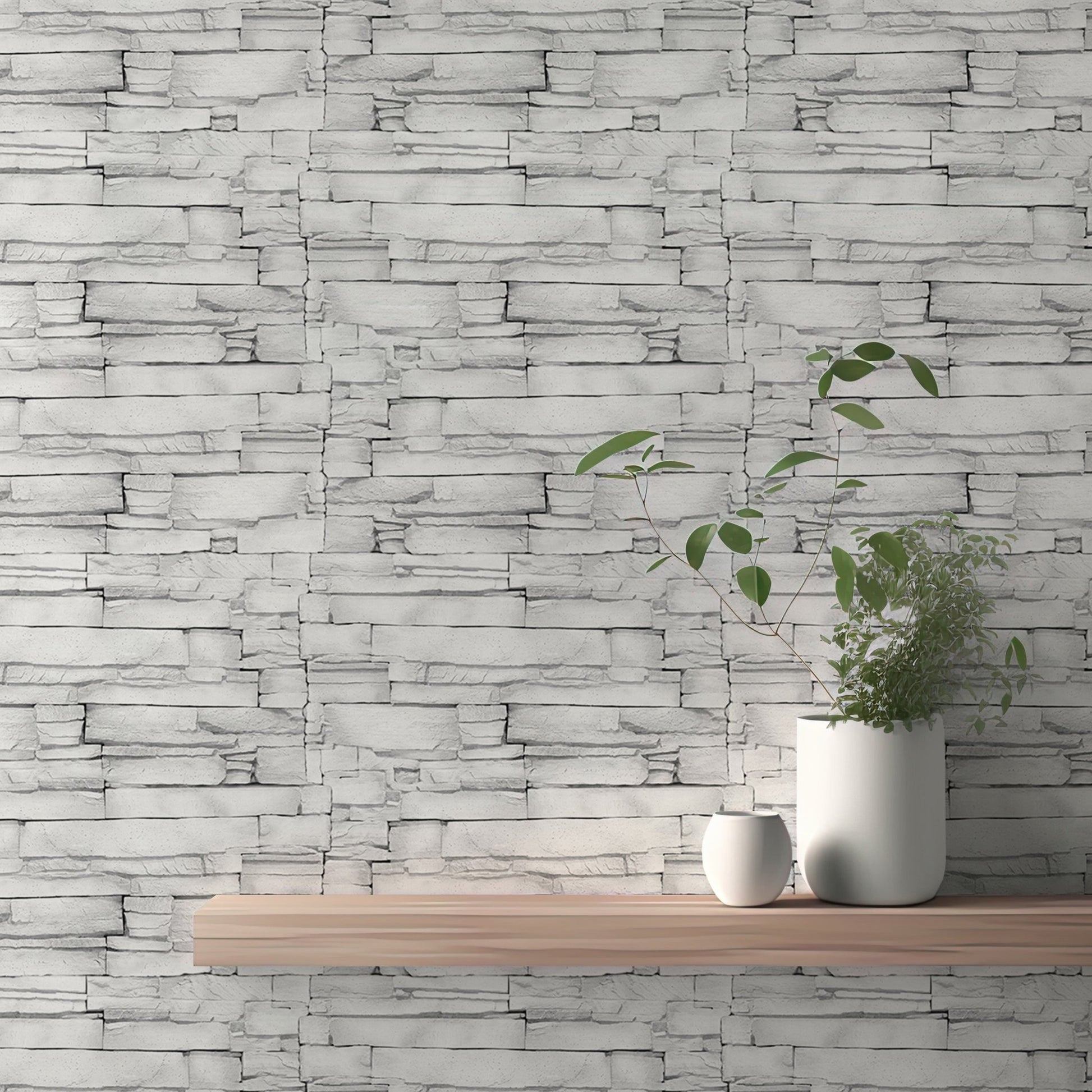 White limestone wallpaper on a feature wall with a floating wooden shelf.