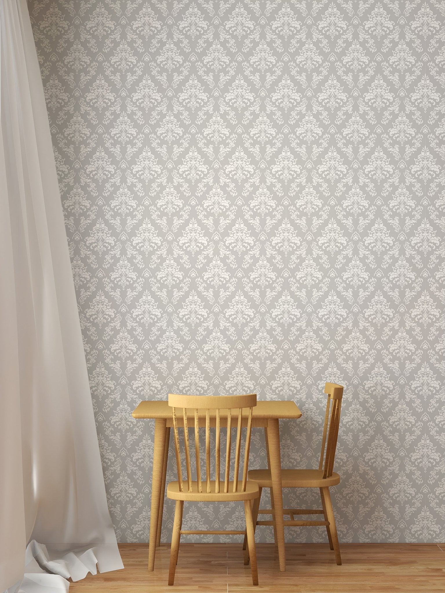 Damask pattern wallpaper in a children's dining area with a small wooden table.