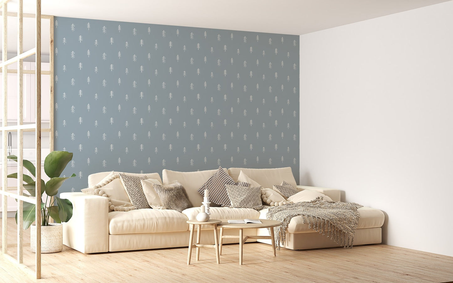 Large wallpaper featuring pine trees behind white sofa and neutral rug.