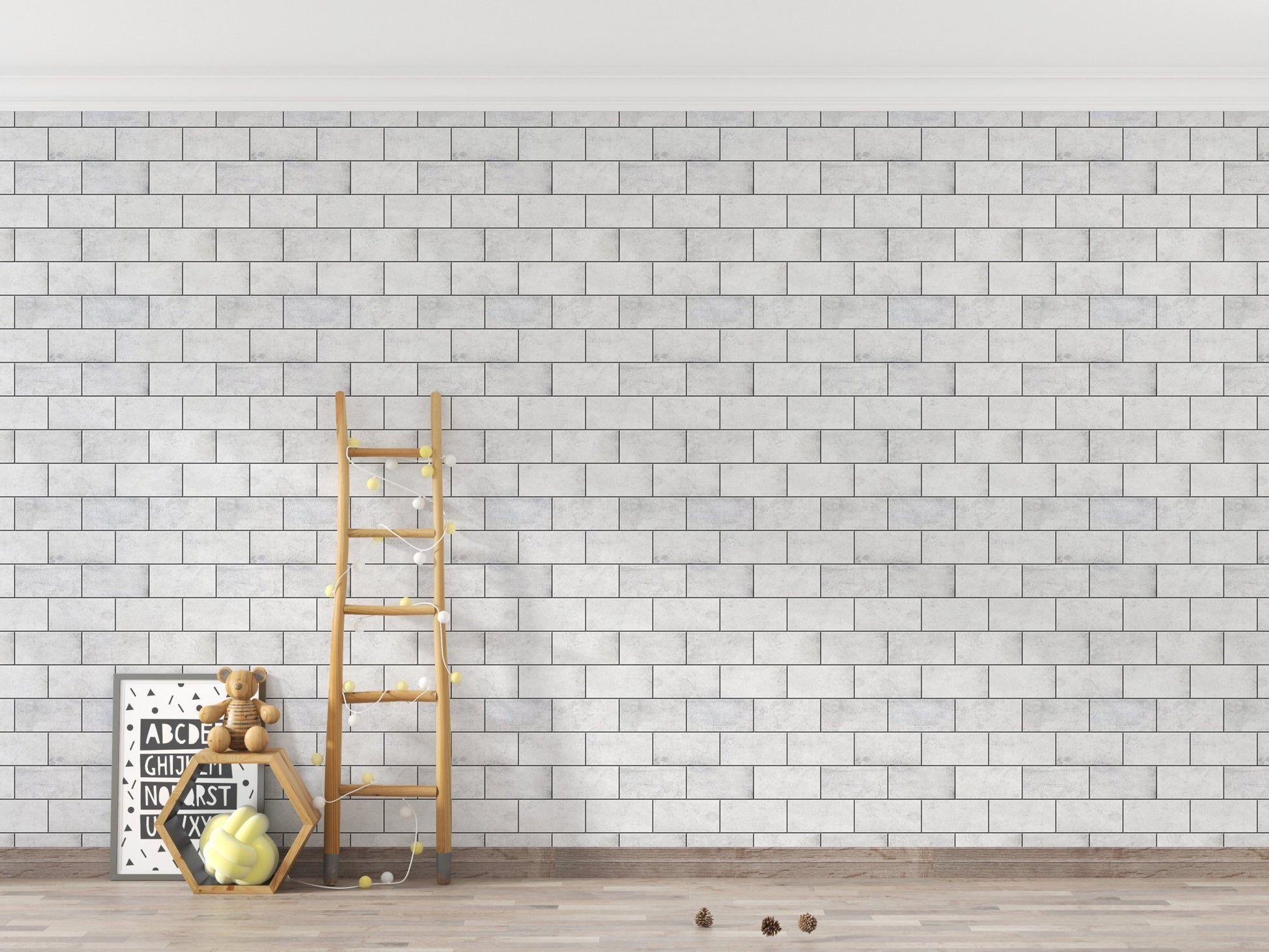 White winter frost brick wallpaper on a feature wall with a wooden ladder.