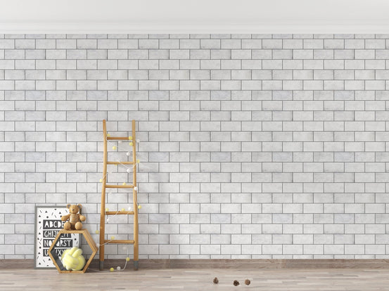 White winter frost brick wallpaper on a feature wall with a wooden ladder.