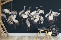 White Cranes Gathering Wallpaper Mural - Wallanza