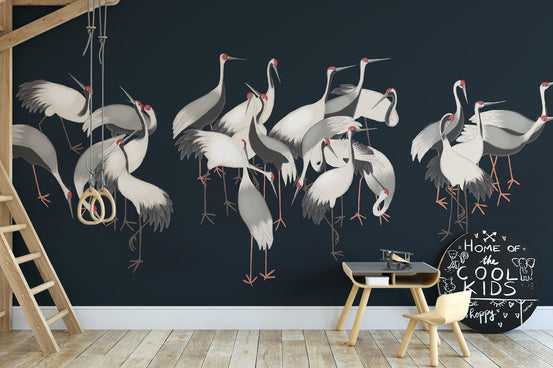 Elegant crane wall mural in deep blue color with red crown accents.