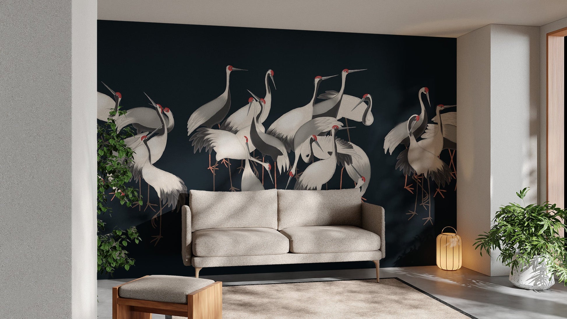 White Cranes Gathering Wallpaper Mural - Wallanza