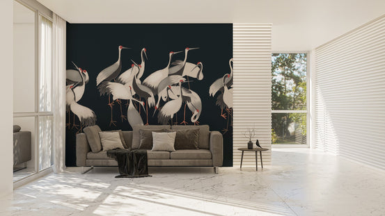 Contemporary crane wallpaper mural with dark navy backdrop.