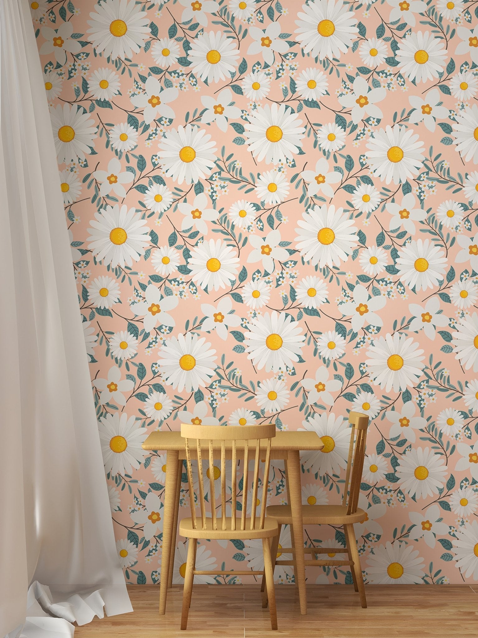 Daisy flower wallpaper behind a small wooden dining set for kids.