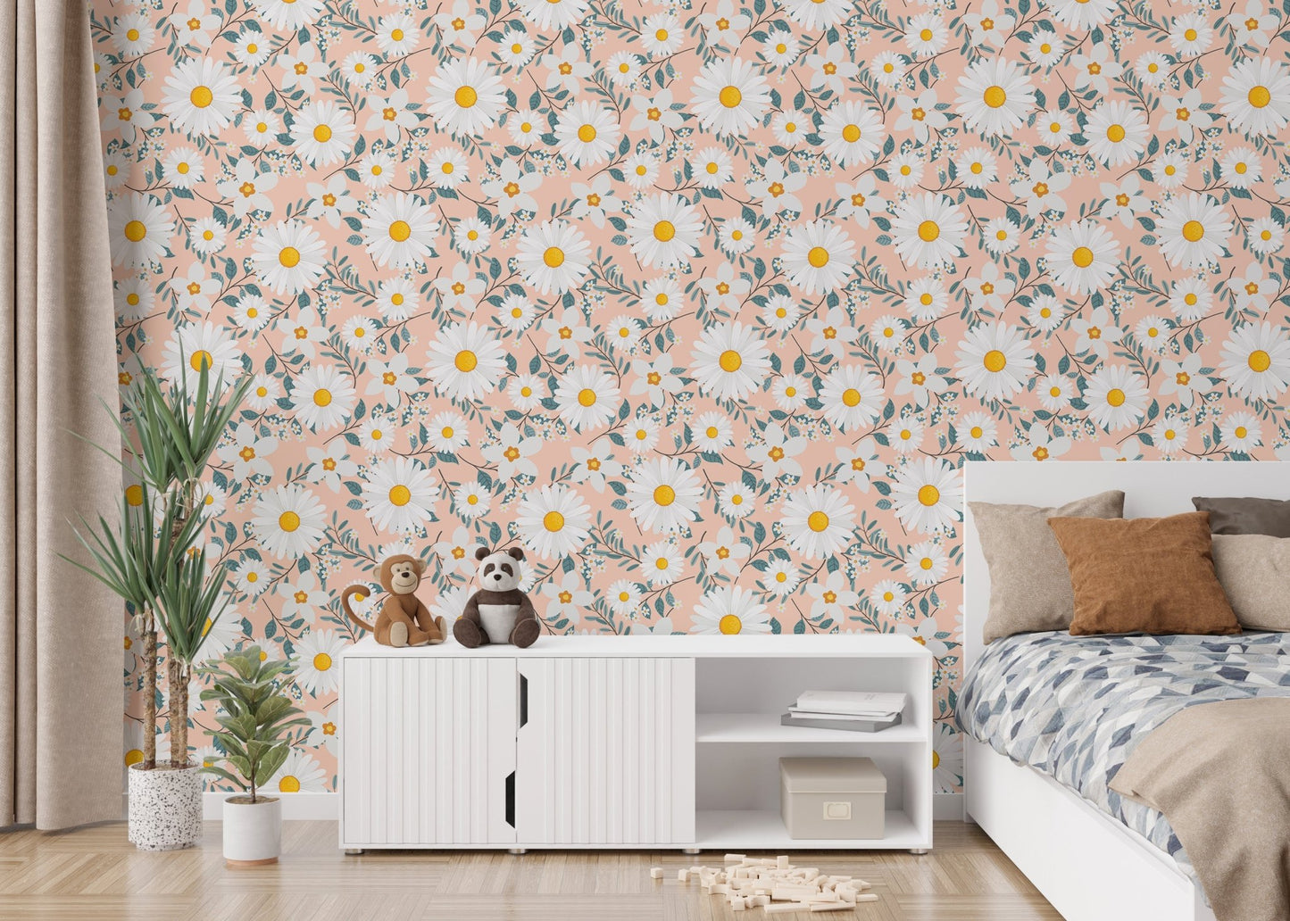 White Daisy Flower Wreath Branch and Leaves Wallpaper in a modern bedroom setup.