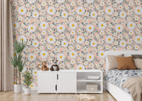 White Daisy Flower Wreath Branch and Leaves Wallpaper in a modern bedroom setup.