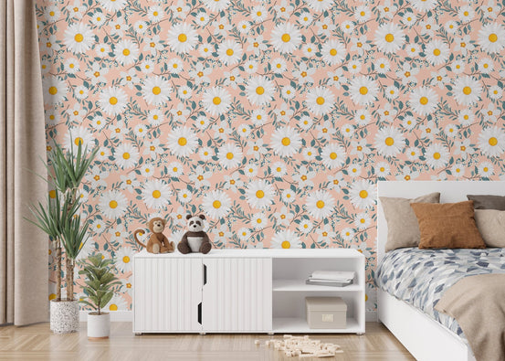 White Daisy Flower Wreath Branch and Leaves Wallpaper in a modern bedroom setup.