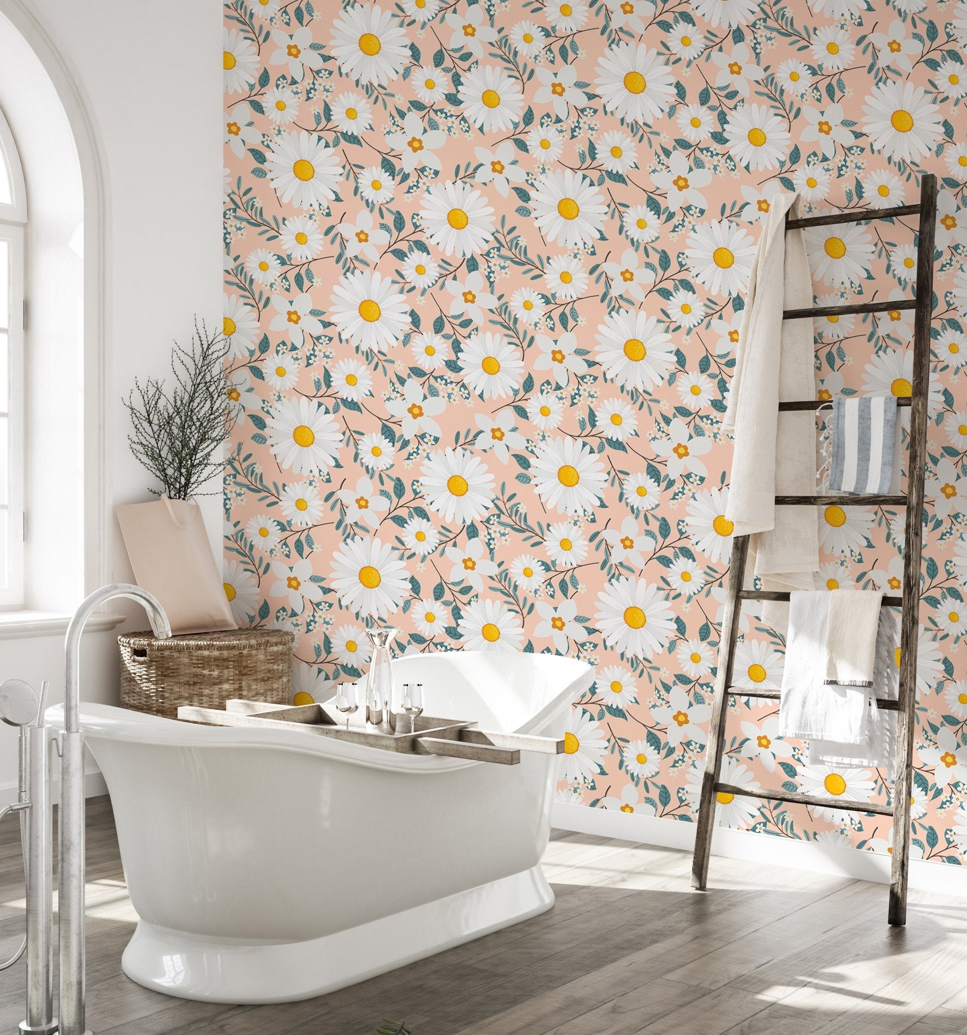 White Daisy Flower Wreath Branch and Leaves Wallpaper in a bathroom with a tub.