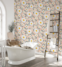 White Daisy Flower Wreath Branch and Leaves Wallpaper in a bathroom with a tub.