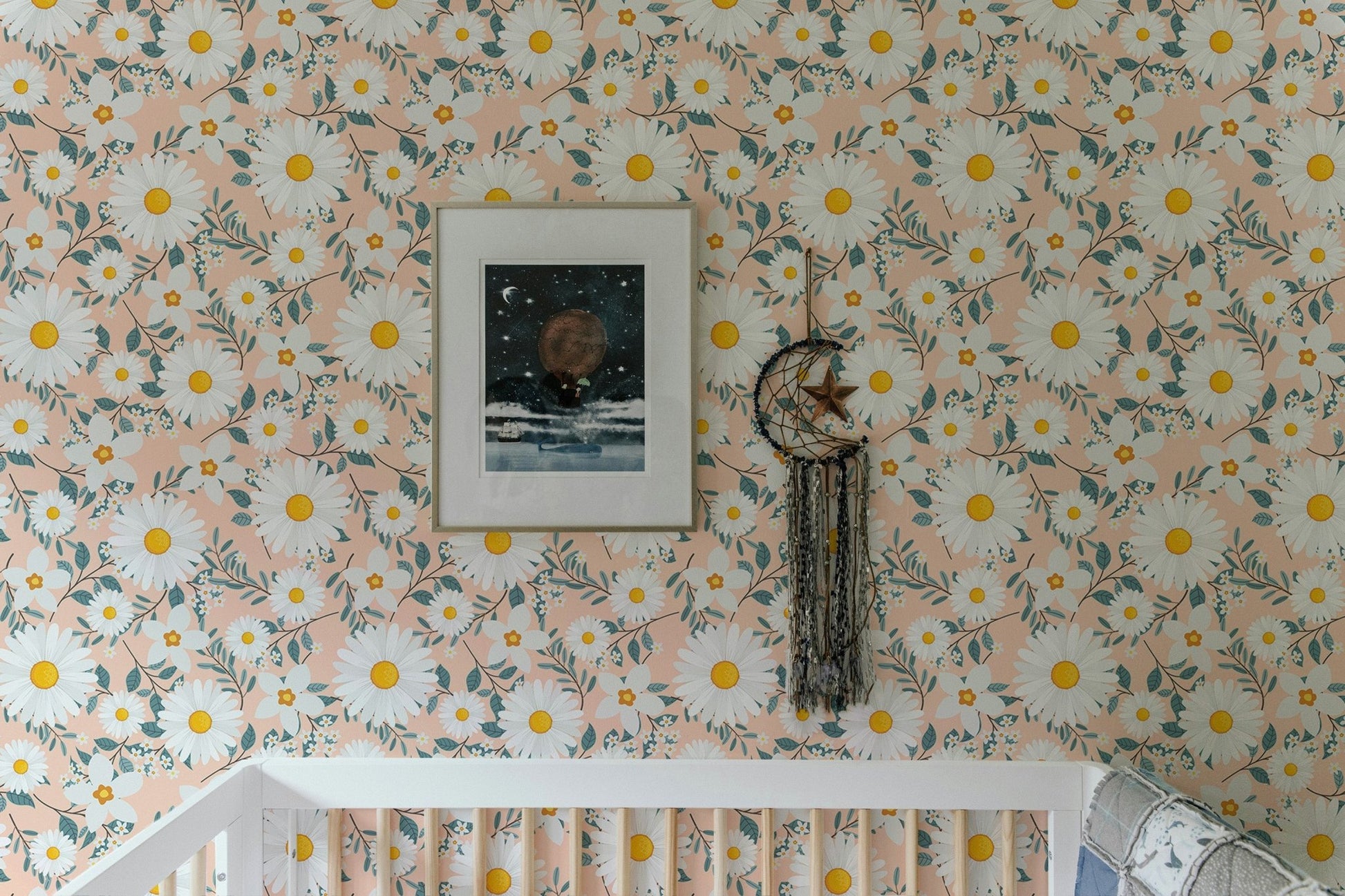 White Daisy Flower Wreath Branch and Leaves Wallpaper in a nursery with a crib.