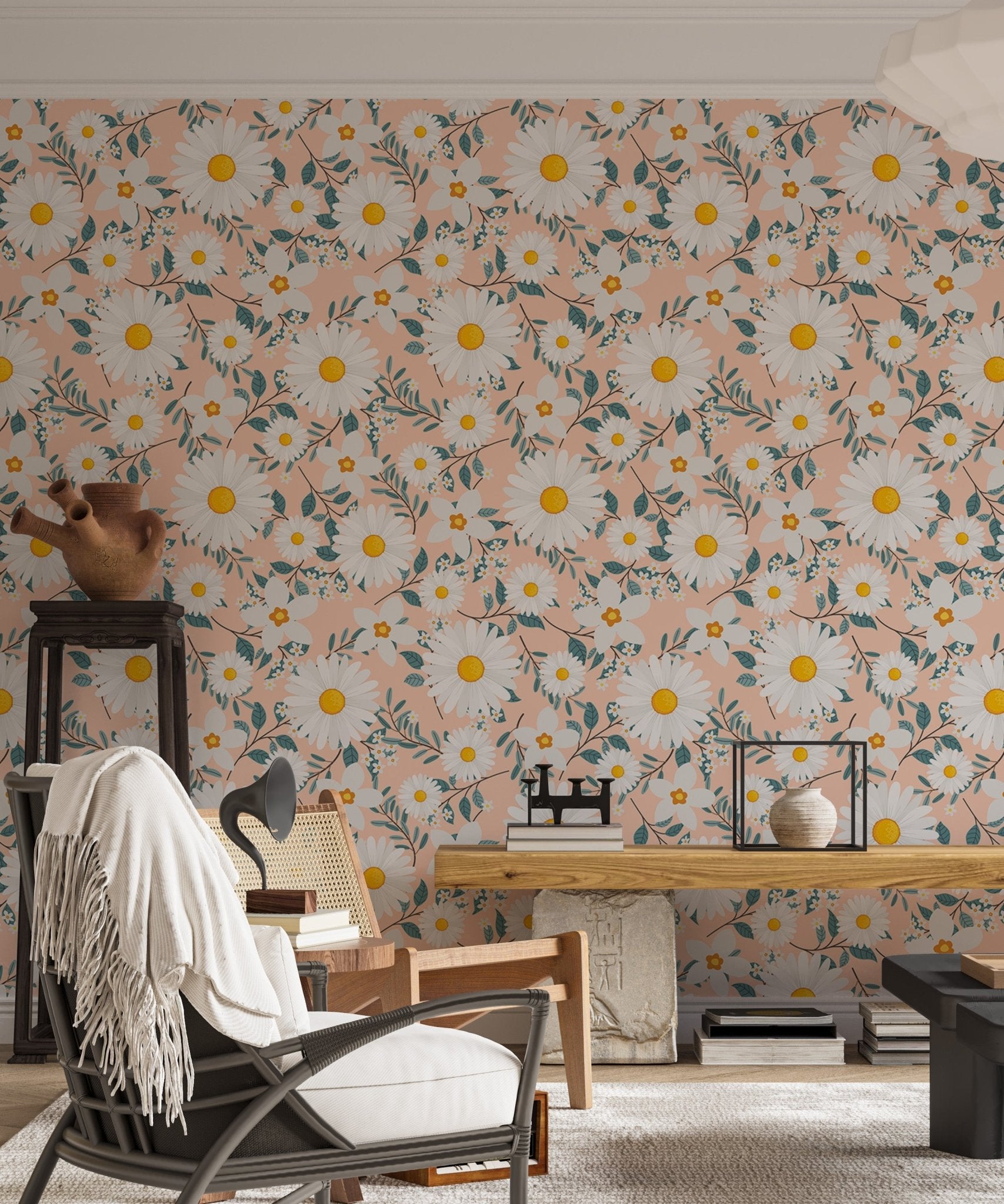 White Daisy Flower Wreath Branch and Leaves Wallpaper in a sunlit living area.