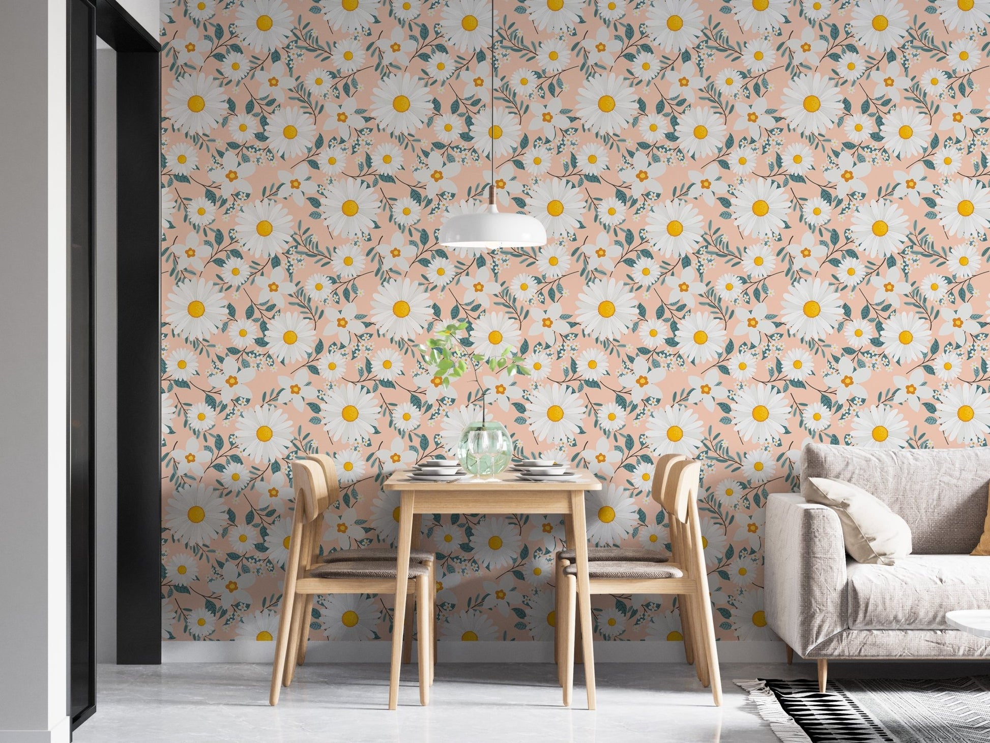 White flower branch wallpaper in a dining room with  wooden table.