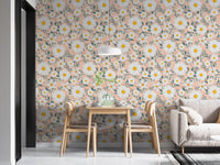 White flower branch wallpaper in a dining room with  wooden table.