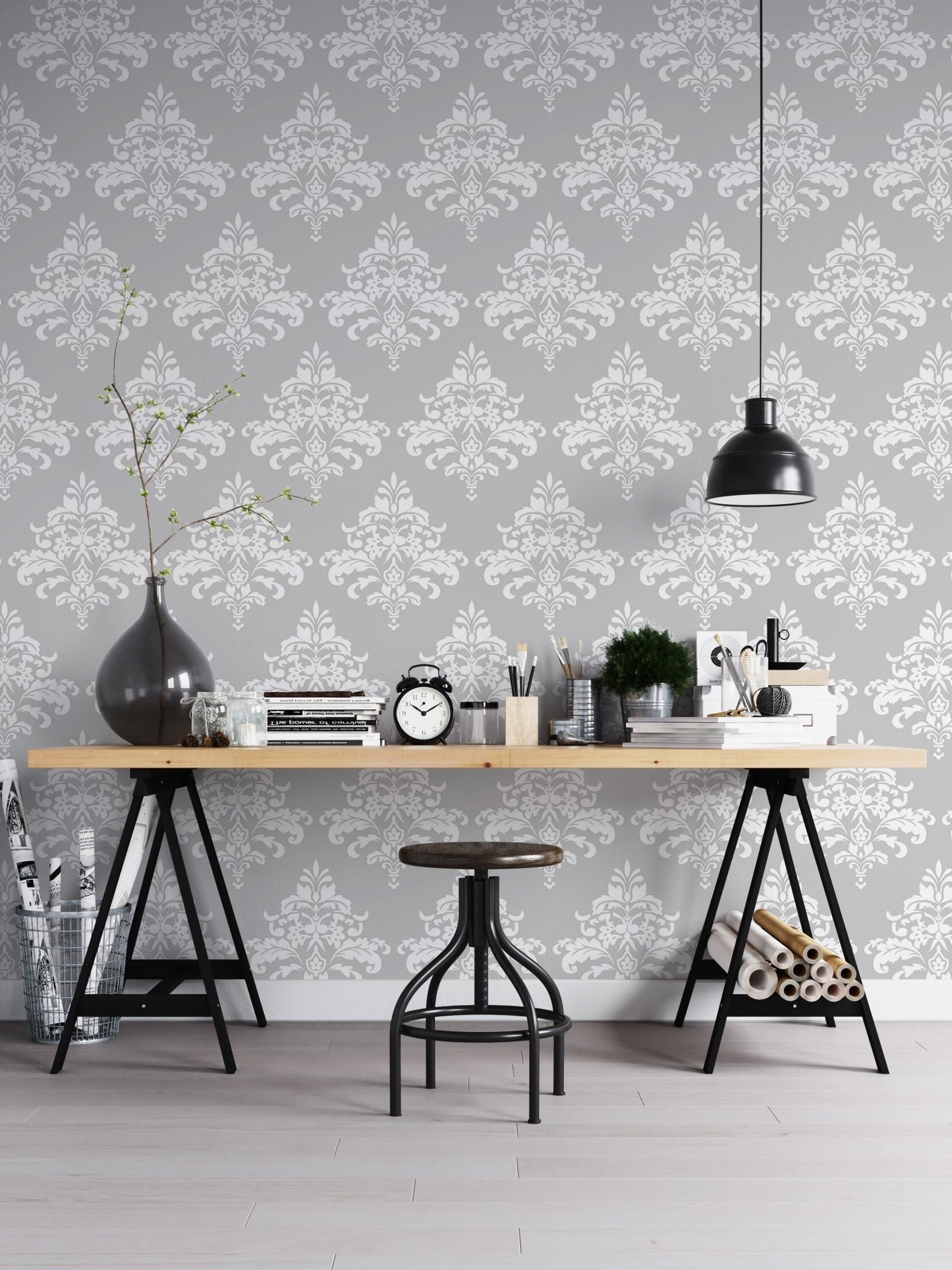 White Damask Pattern Wallpaper used as a backdrop for a home office desk.