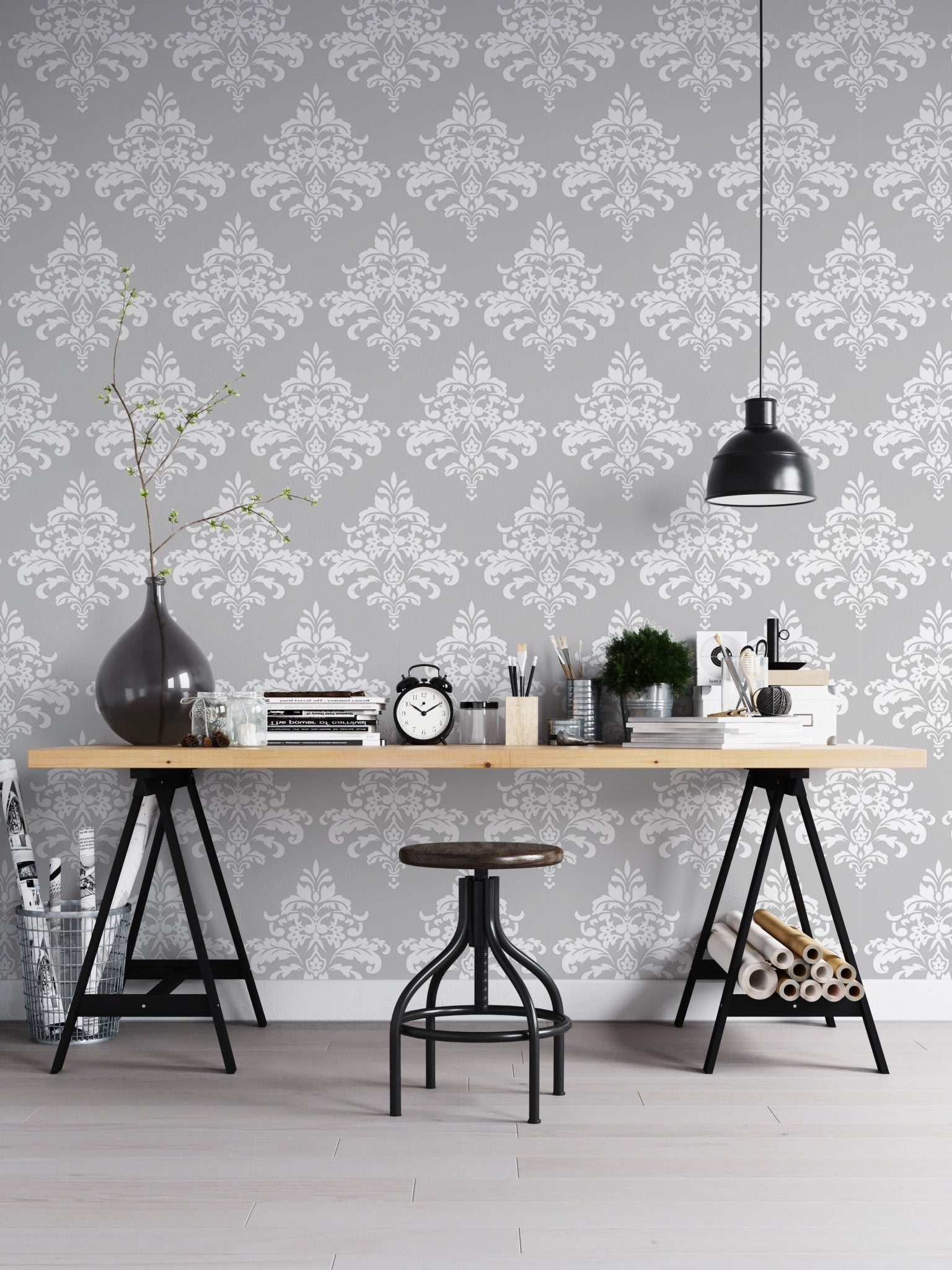 White Damask Pattern Wallpaper used as a backdrop for a home office desk.