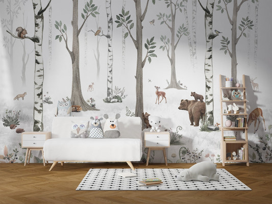 Minimalist white forest wall mural with hand-painted deer and rabbits.
