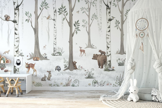 White forest wallpaper for Walls featuring birch trees and watercolor bears.