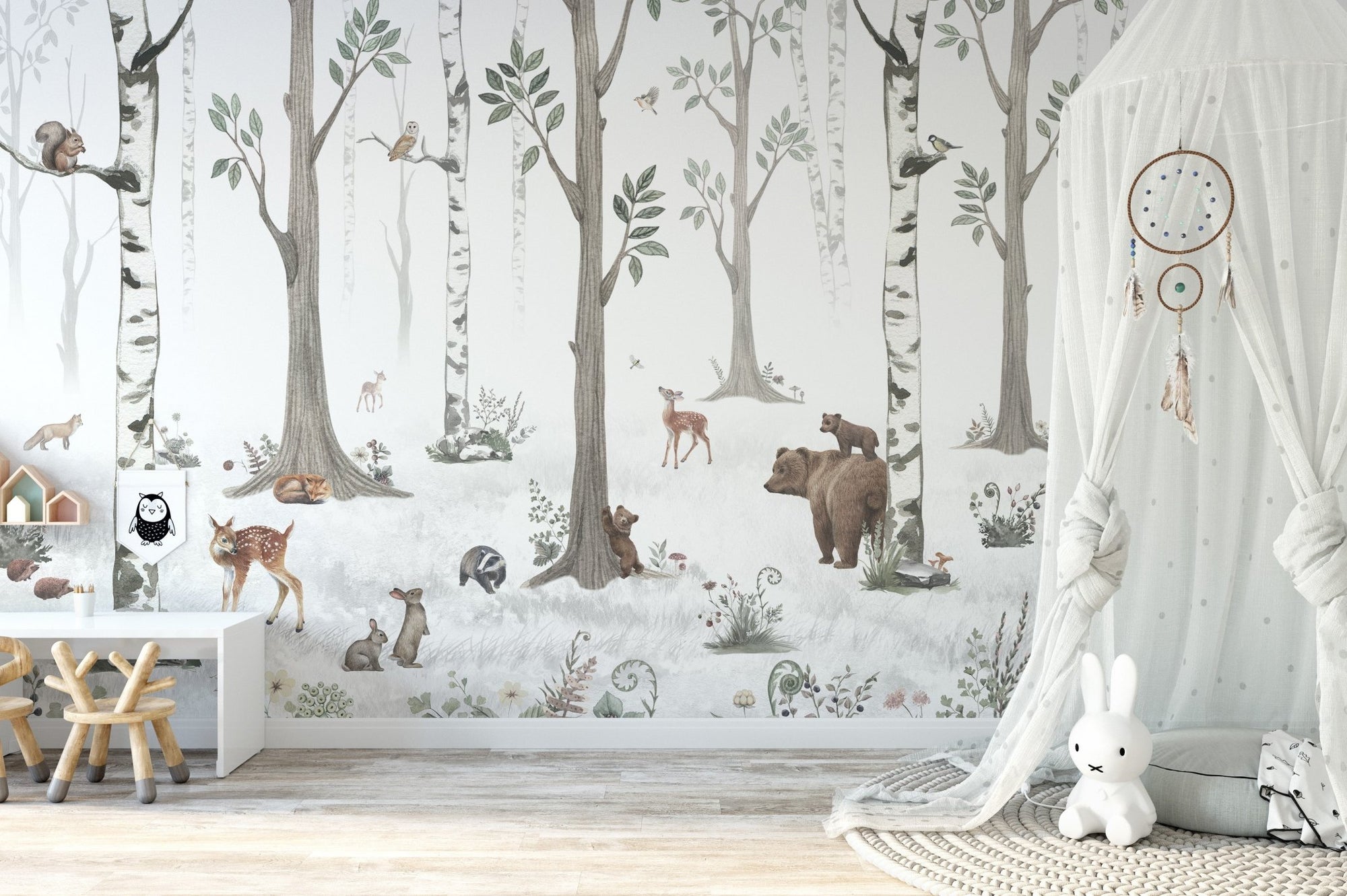 White forest wallpaper for Walls featuring birch trees and watercolor bears.