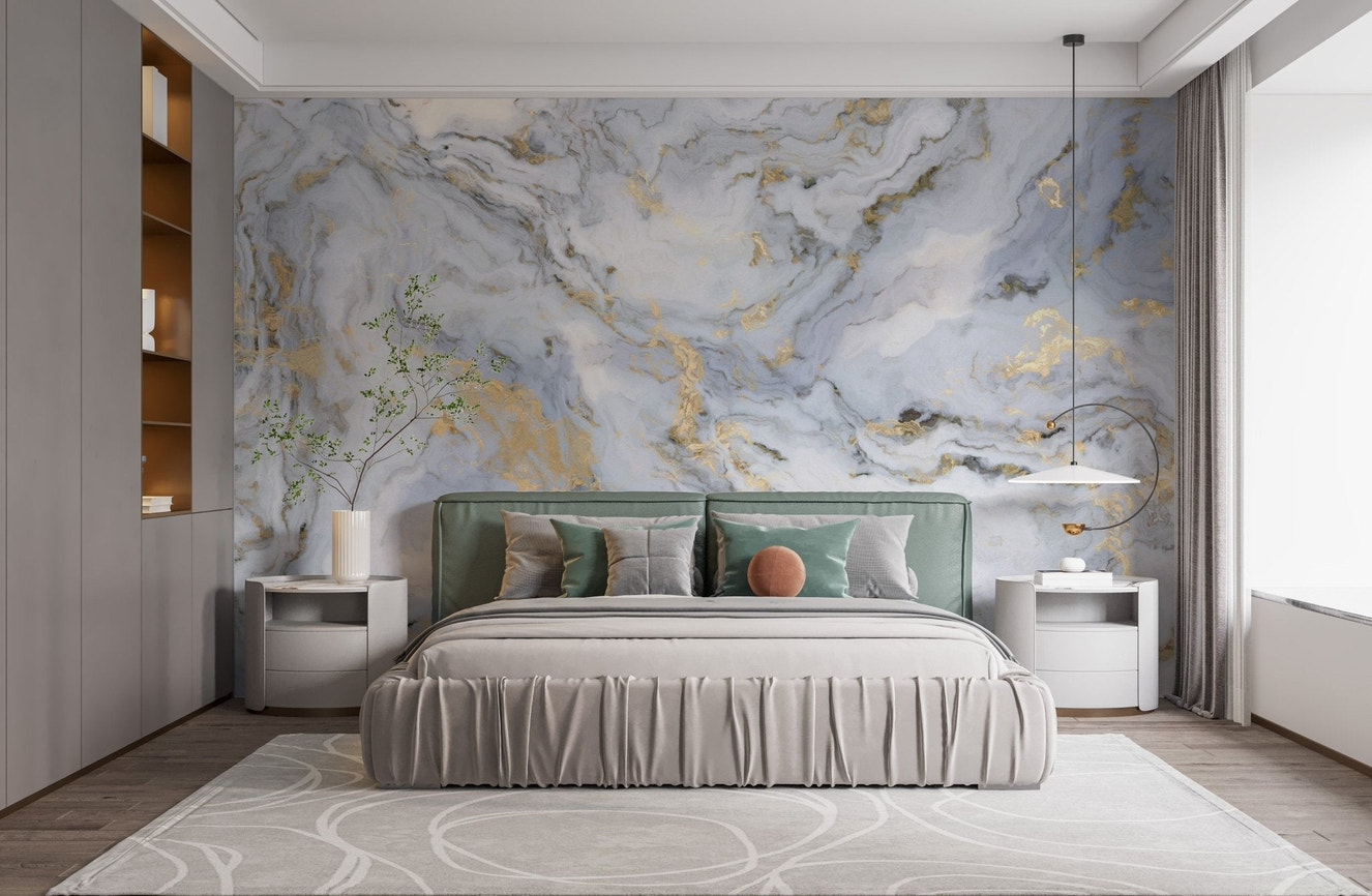 Luxury bedroom featuring White Marble with Golden Touch wall mural
