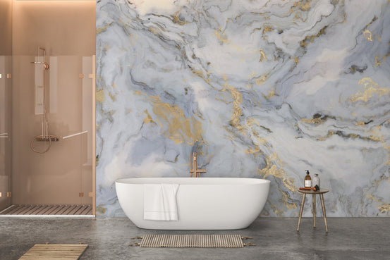 White Marble with Golden Touch Murals in a modern bathroom wall.